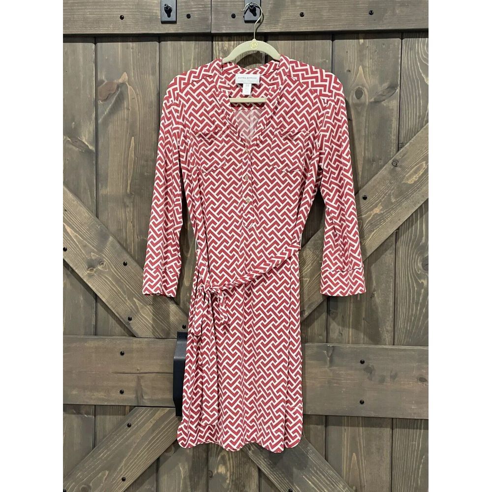 Donna Morgan Womens Red And White Long Sleeve Shirts Dress with Belt Size 12